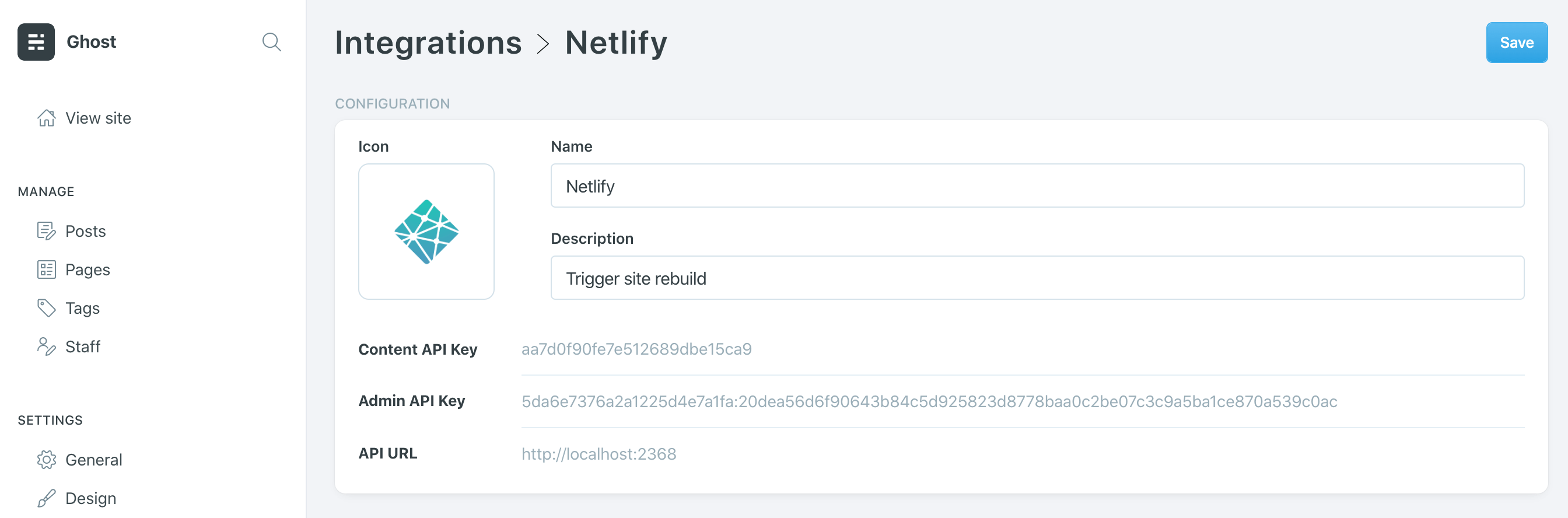 Screenshot of custom integrations with webhooks in Ghost Admin